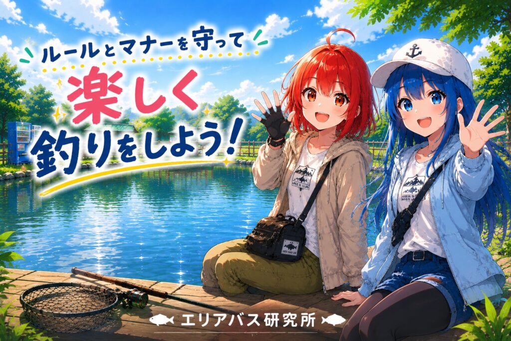 ルールとマナーを守って楽しく釣りをしようと呼びかけるエリアバス研究所のエンディングカード