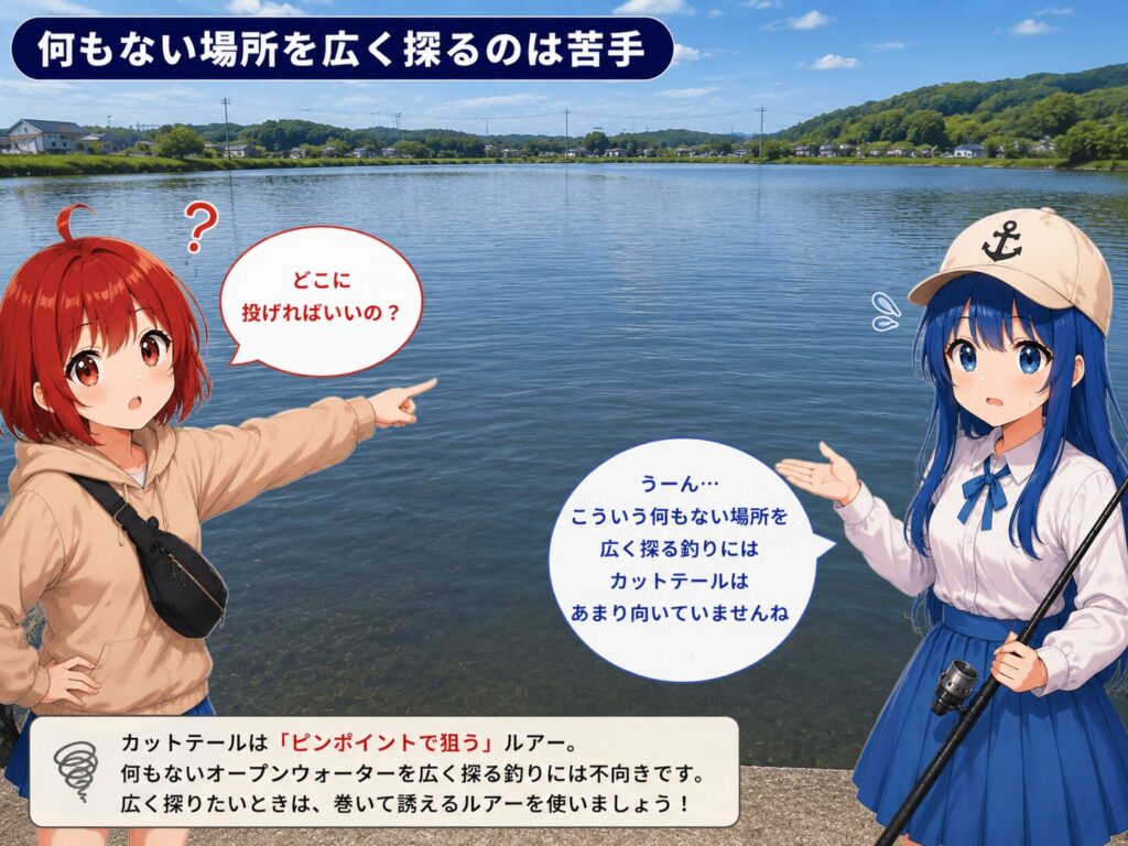何もないオープンウォーターではカットテールが苦手な場面をひなとみずはが解説する画像