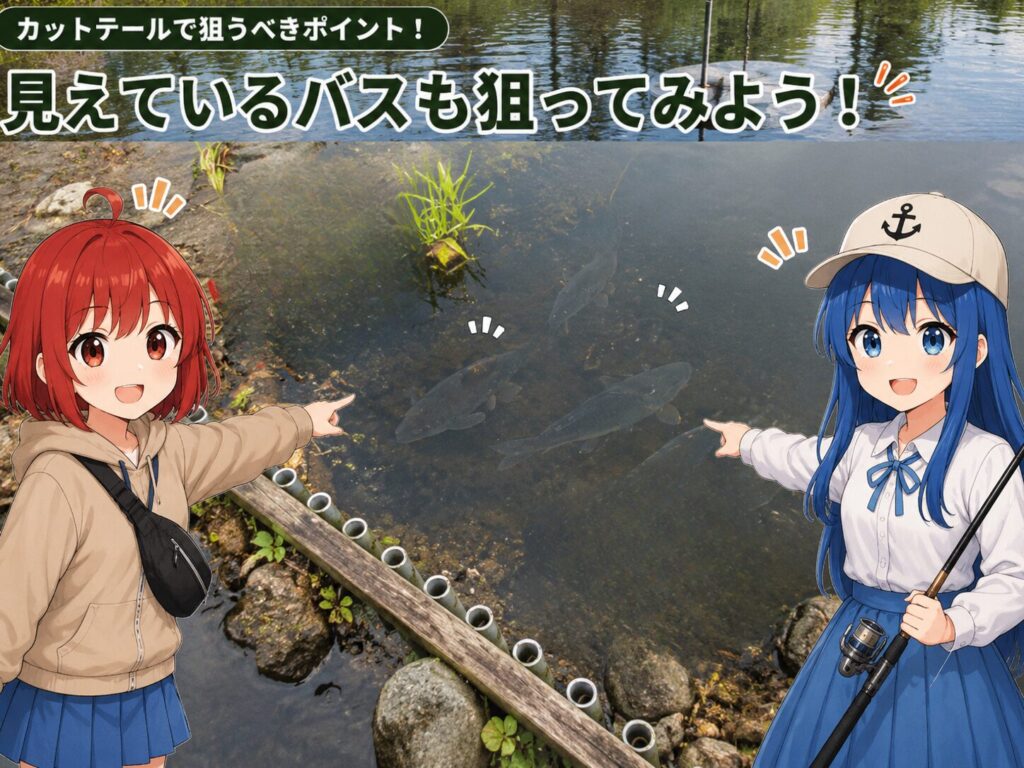 見えているブラックバスをひなとみずはが解説するイメージ画像