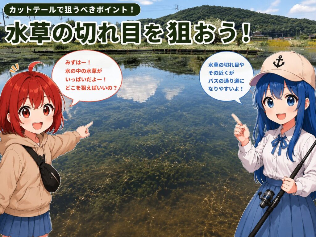 ブラックバス管理釣り場で水草の切れ目をひなとみずはが解説するイメージ画像