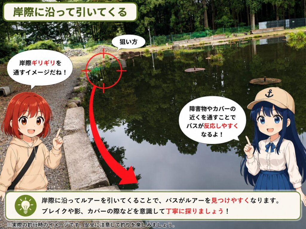 岸際に沿ってスイングインパクトを引いてくるイメージ図