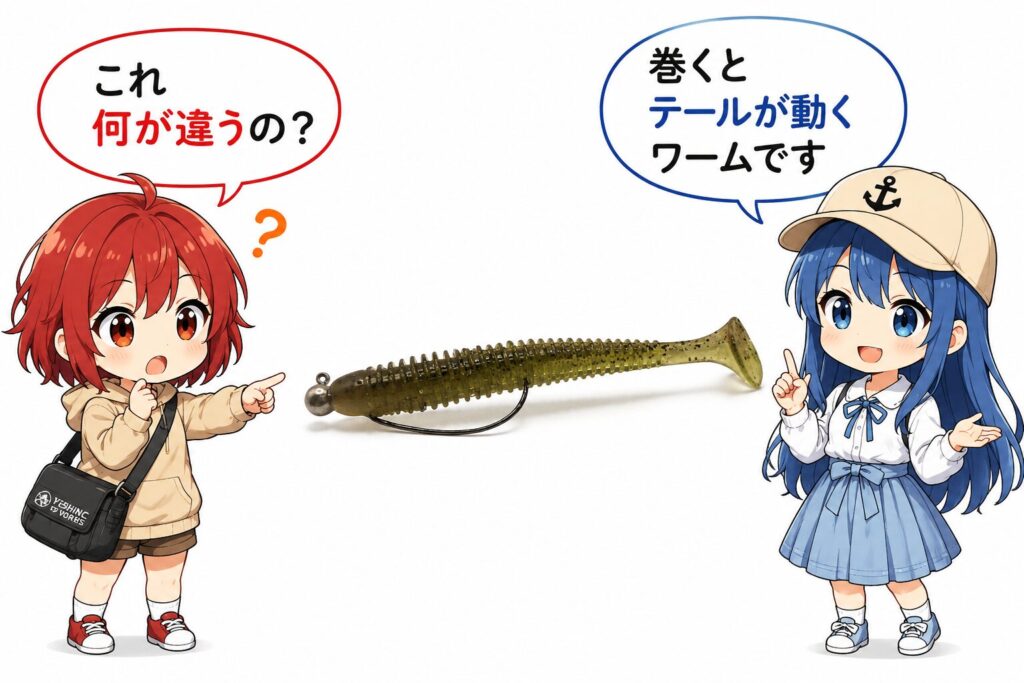 ひながスイングインパクトを指差し、みずはがテールの動きを説明しているイラスト