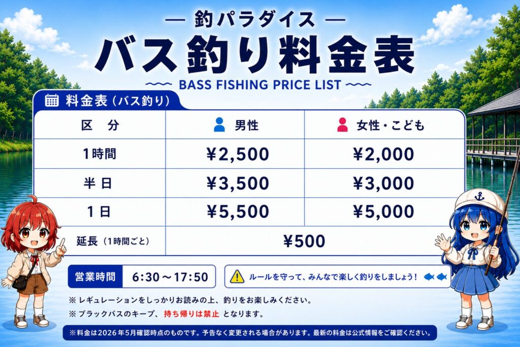 釣パラダイスのブラックバス・トラウト共通料金表。男性・女性・こども料金と延長料金を掲載。