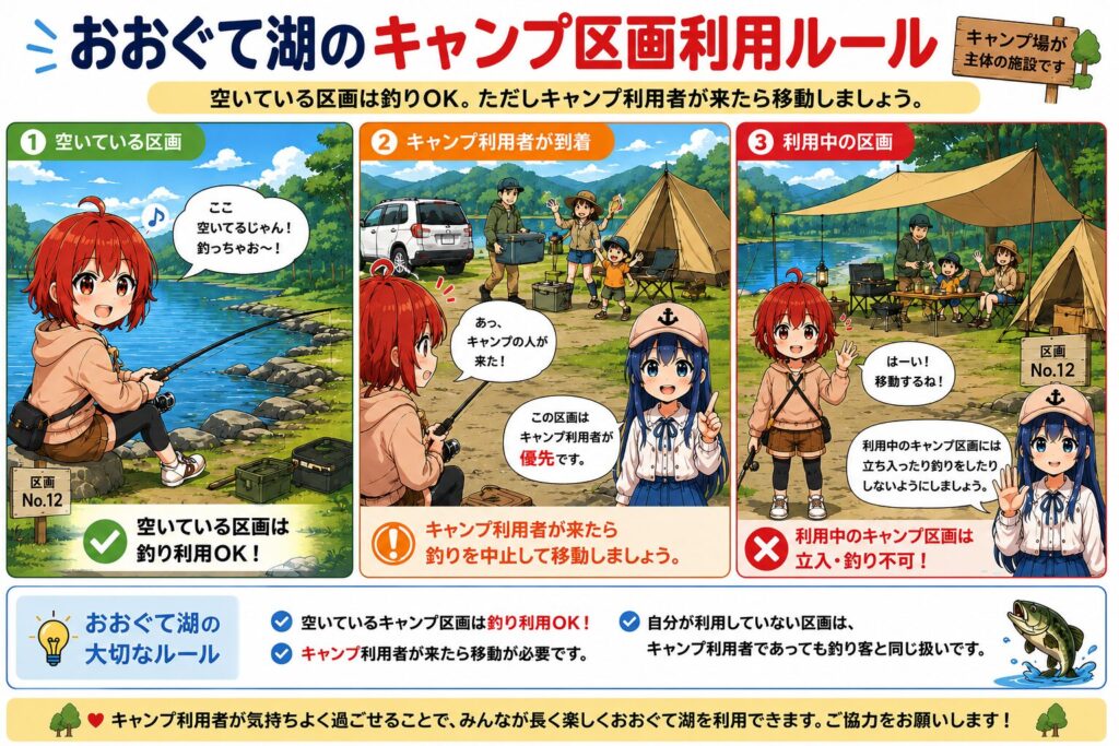 おおぐて湖のキャンプ区画利用ルール。空いているキャンプ区画は釣り利用可能だが、キャンプ利用者が到着した場合は移動が必要であることを解説した案内画像