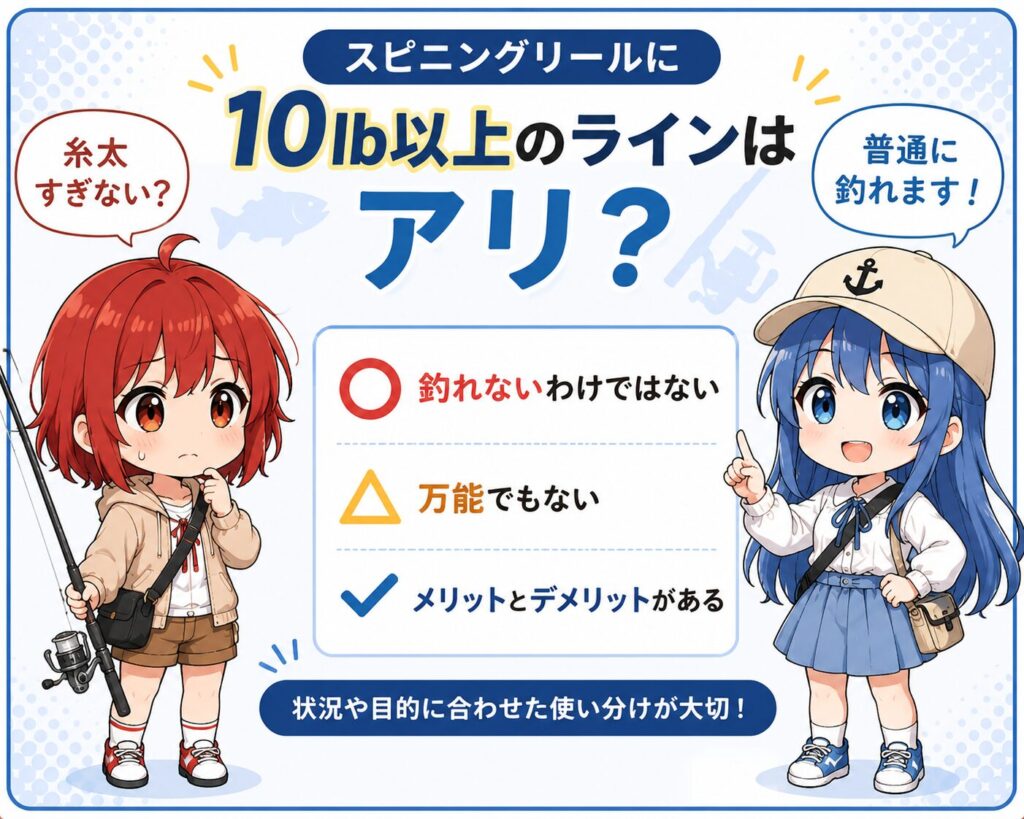 スピニングリールに10lb以上のラインを巻くことは可能であり、釣れないわけではないことを解説する図解