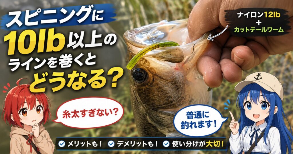 ナイロン12lbラインとカットテールワームで釣ったブラックバスの写真を使用した記事サムネイル。スピニングリールに10lb以上のラインを巻いた場合のメリットとデメリットを解説。