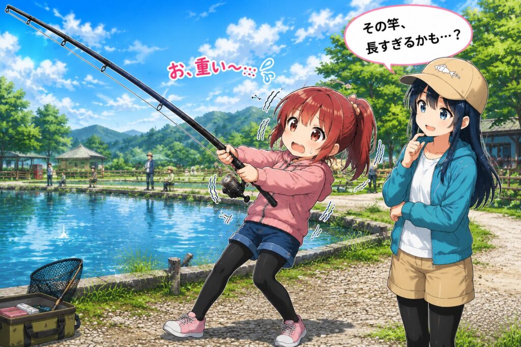 長すぎるバスロッドを振って苦戦する女の子と、体格に合ったロッド選びをアドバイスする女の子のイラスト
