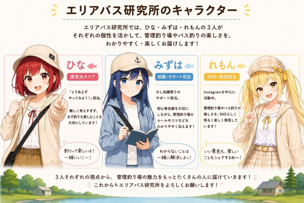 エリアバス研究所のキャラクター「ひな」「みずは」「れもん」の説明画像