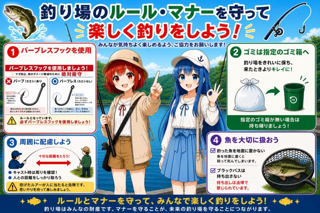 管理釣り場のルールとマナーを解説するイラスト
