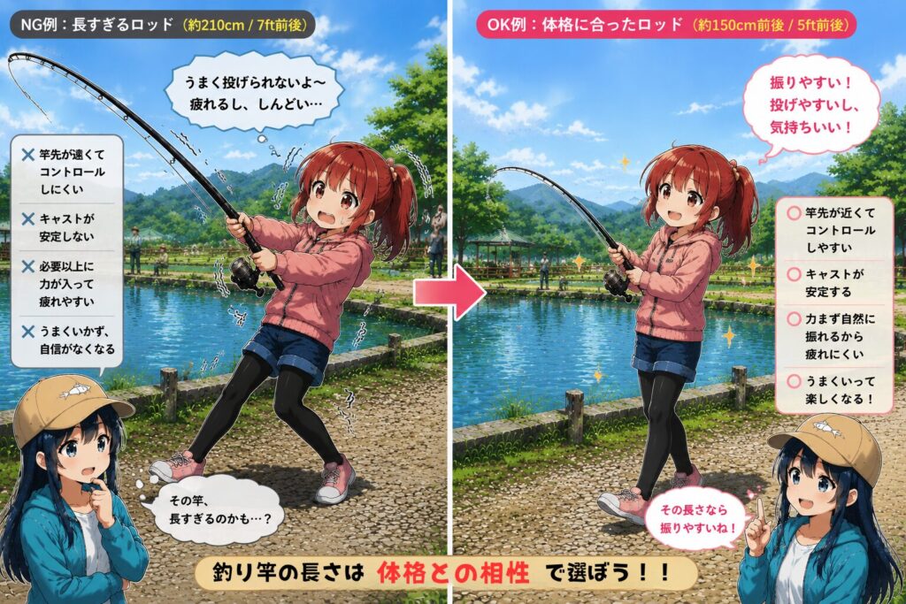 体格に合わない竿を使わなかった場合と体格に合った竿を使った場合の違いを説明する画像。