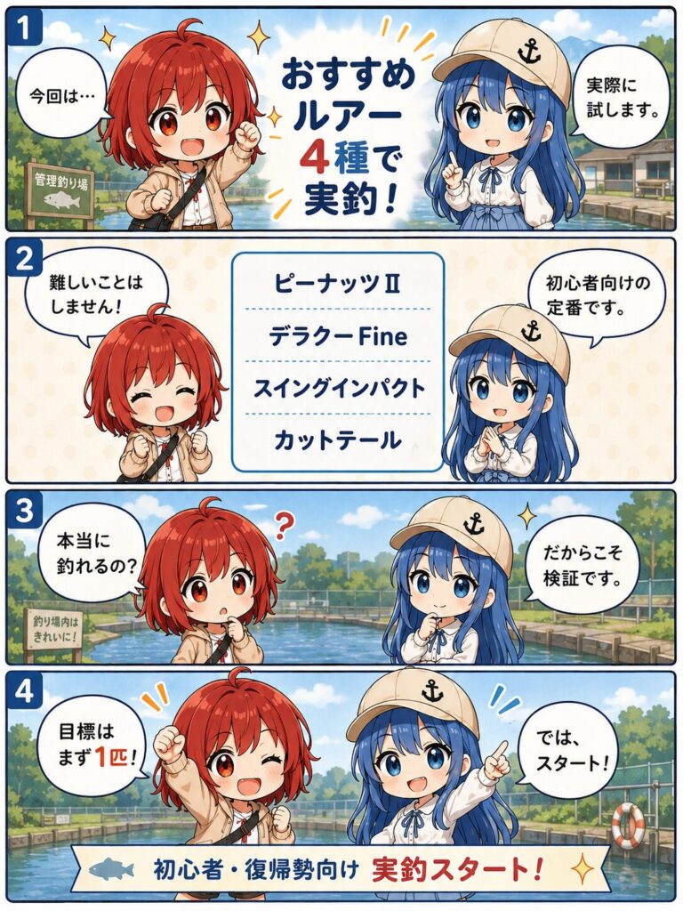 初心者・復帰勢向けおすすめルアー4種で実釣する企画を、ひなとみずはが紹介している4コマ漫画