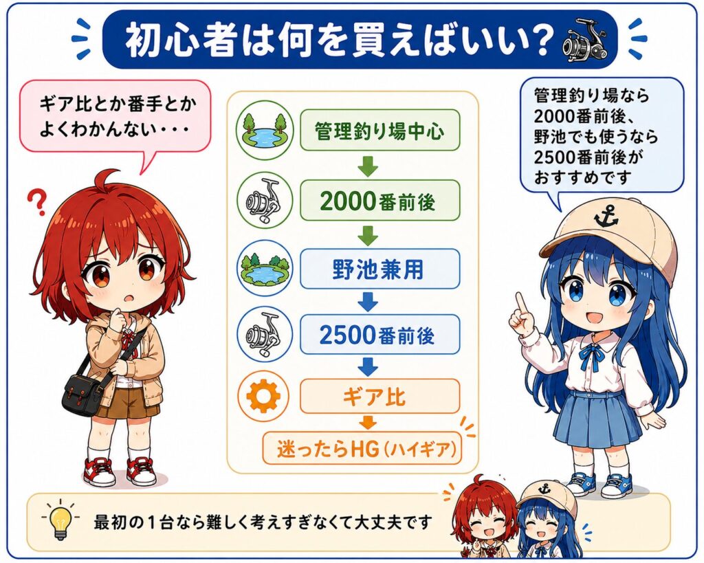 初心者向けのリール選びについて、ひなとみずはが解説するイラスト