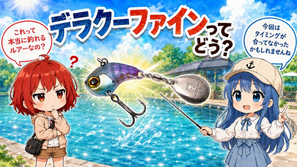 夏の管理釣り場を背景に、デラクーファインを見ながら疑問を抱くひなと、タイミングが合わなかった可能性を説明するみずは