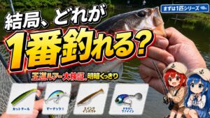 カットテール、ピーナッツII、スイングインパクト、デラクーファインの4種類を比較し、どれが一番釣れるかを検証するブログ記事のサムネイル