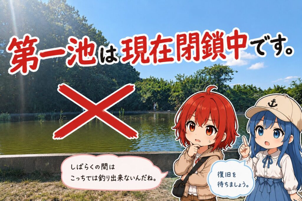 TSURIBORI水戸南の第一池が現在閉鎖中であることを伝える案内画像