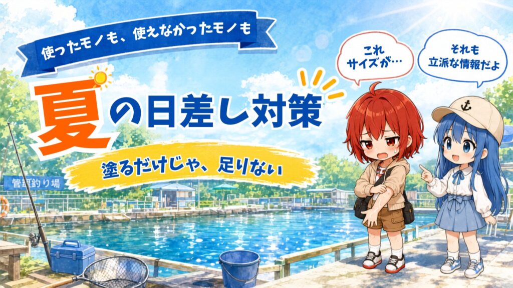 夏の管理釣り場で、ひなとみずはが日焼け対策について話しているイラスト。「夏の晴れ対策 塗るだけじゃ、足りない」と表示されてい